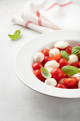 White plate of classic delicious caprese salad with ripe tomatoes, mozzarella and fresh basil leaves on gray background. Italian food. The concept of a healthy vegetarian diet