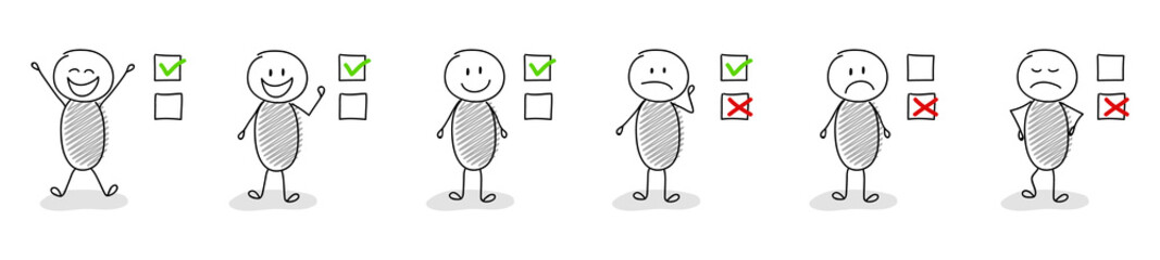 Checkmarks - set with cartoon stickmen. Vector.