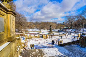 Winter Scenery in Central Park of New York City with ice and snow, USA