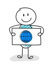 Smiley stickman holding board with globe icon. Vector.