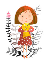 Cute little girl and her adorable funny pet. Vector illustration.