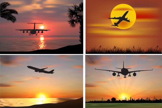 four planes at orange sunset
