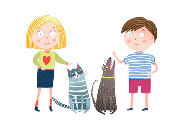 Little kids and home animals cartoon. Vector illustration.