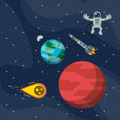 Astronaut and spaceship flying around the galaxy planets vector illustration graphic design