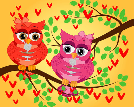 A bright, cartoon, beautiful, pink owl with a bow on the ear and a cup of coffee sits on a flowering tree branch
