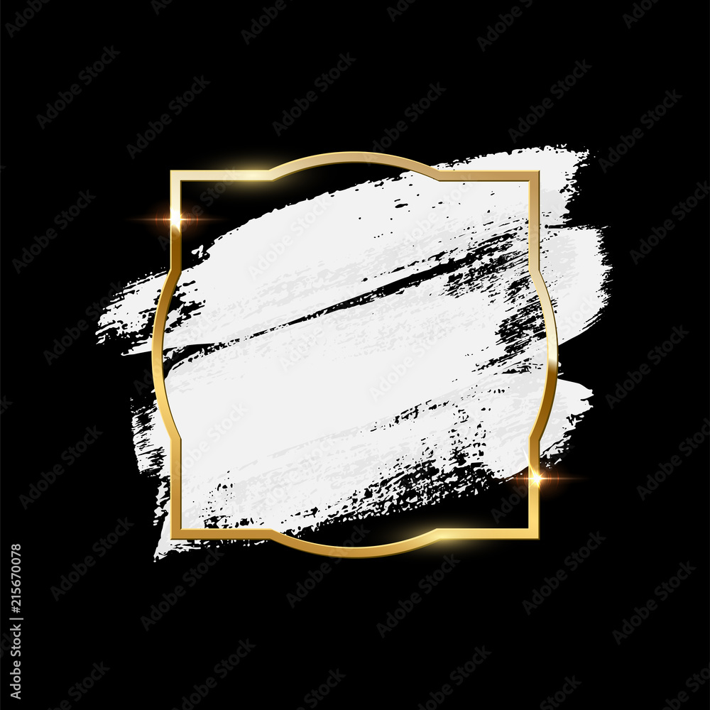 Poster white brush strokes with golden frame isolated on black background. vector design element.