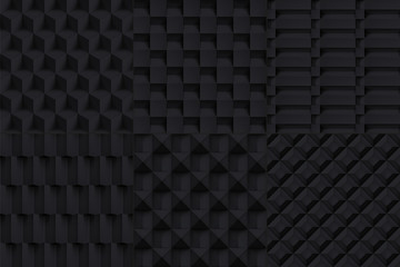 Volume realistic vector cubes textures set, black geometric pattern, design dark backgrounds for you projects 
