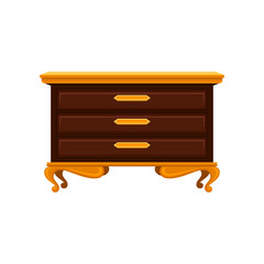 Antique chest of drawers with golden legs, handles and top surface. Old wooden commode. Vintage furniture. Flat vector design
