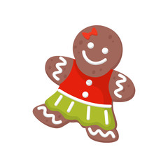 Flat vector icon of Christmas gingerbread woman decorated with colored icing. Tasty holiday cookie. Sweet food theme