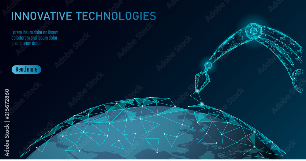 Poster robot arm low poly manipulator. earth ecology construct assembly triangle shape. polygonal connected
