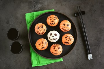 Halloween Sushi Monsters. Temari sushi, sushi balls for Halloween