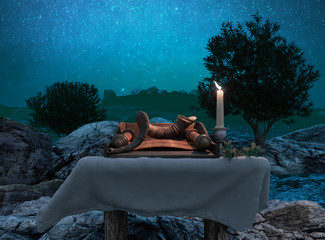 jewish holiday background with old scroll of tora and landscape concept photo © denisgo