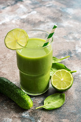 Detox, healthy green smoothies with spinach, cucumber and lime. Dietary drink, the concept of a healthy diet. Selective focus