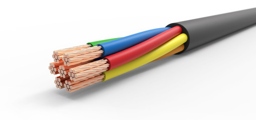 electric wire with six cables on a white background