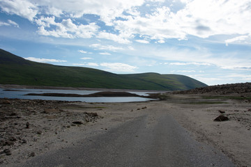Looking eastwards while standing on a road that is normally submerged under Loch Glascarnoch