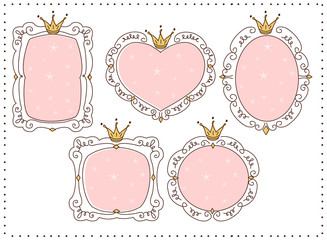 Set of cute doodle mirrors. Princess vector element of design. Pink frames with crown, tiara. Sketch hand drawn. Child's picture. Invitation birthday template. Baby shower girl card. Decorative border © Alona Khadzhyoglo