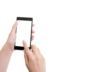 Feminine Point Finger And Hand Holding Blank Smart Phone Mobile On white background isolated for advertisement