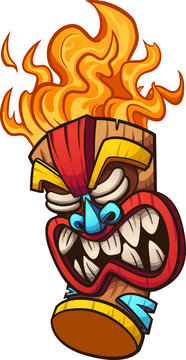 Cartoon tiki mask with fire hair. Vector clip art illustration with simple gradients. All in a single layer. 