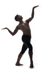 one young man, shirtless topless, ballet dancer, studio shot, white background isolated. full lenght shot, arms hand raised up, standing posing like statue, looking up.