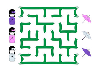 Maze for children. Japanese Kokeshi doll and umbrella on a white background. Help the girl find the way to the umbrella of the right color in the maze. Vector flat illustration