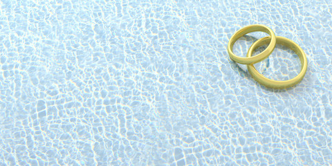 Pair of golden wedding rings on pool water background, copy space, 3d illustration