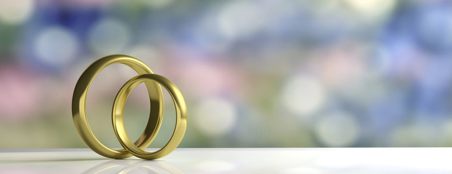 Two golden wedding rings isolated on white table, blur background, banner, copy space, 3d illustration
