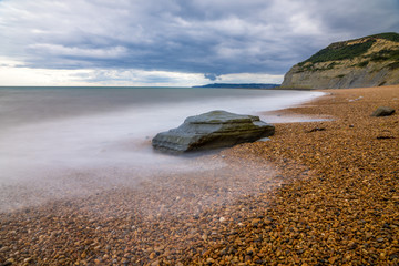 Seatown beach and view of Golden Cap the highest point on the south coast of England. Dorset Coast UK.