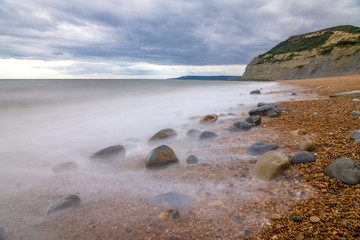 Seatown beach and view of Golden Cap the highest point on the south coast of England. Dorset Coast UK.