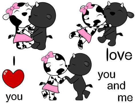 lovely cute cow and bull kissing cartoon love valentine set in vector format 