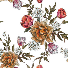Floral seamless pattern with watercolor tulips and jasmine flower