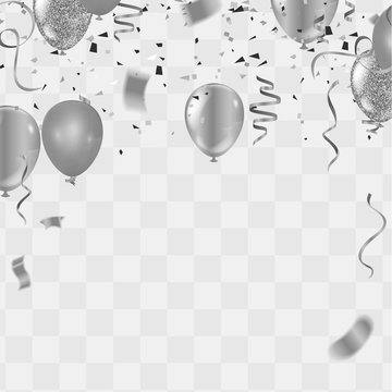 silver balloons, confetti and streamers on white background. Vector illustration.