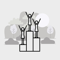 group of women in the podium linear figures vector illustration design