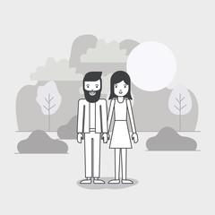 young couple in the field avatars characters vector illustration design