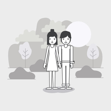 young couple in the field avatars characters vector illustration design