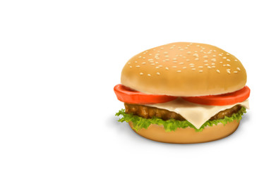 Realistic painting hamburger with tomato,cheese,lettuce,beef and sauce fast food on white background. 