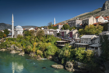 Fototapeta na wymiar neretva river and old town of mostar bosnia view