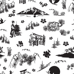 A seamless pattern with miniatures symbolizing Japan. Sakura, kimono, pines, Fuji, torii, lanterns and others. - 215685087