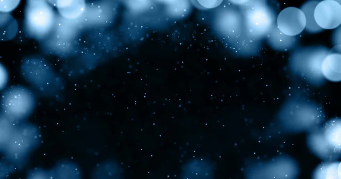 frame of abstract gradient blue background with bokeh and particles flowing, events festive holiday overlay ready concept