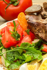 Fried chicken liver, chopped tomatoes with greens and boiled eggs on a white plate. Use for restaurant menu or dish description. The concept of delicious, quality food. Vertical.