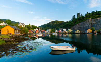 View over the harbor of Hosanger in Norway