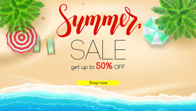 Sale. Summer offer, get up to fifty percent discount. Seashore, sandy beach with deckchairs, sun umbrellas. Reduced prices, template for posters, banners