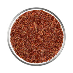 Fototapeta na wymiar Red wild rice pile in glass bowl isolated on white background, top view, clipping path