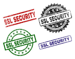 SSL SECURITY seal prints with damaged surface. Black, green,red,blue vector rubber prints of SSL SECURITY label with dust surface. Rubber seals with round, rectangle, medallion shapes.