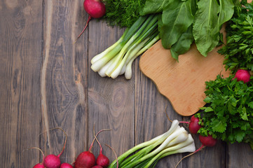 Assortment Fresh organic vegetables. Wooden background. The concept of the market. Procution. Healthy eating.