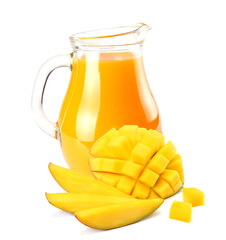 mango juice with mango slice isolated on white background. jug of mango juice.