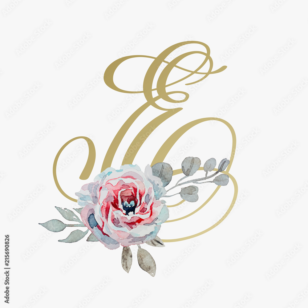 Sticker golden hand lettering font with handmade rose flower