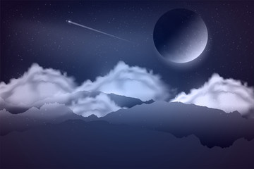 Night landscape with rock, clouds,moon. Magic Space - planets, stars, nebulae and galaxies, lights. With layers for parallax, weird mountains range for UI game. Vector illustration / Eps10