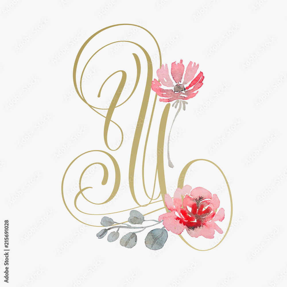 Wall mural golden hand lettering font with handmade rose flower