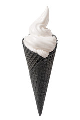 soft ice cream in black waffle cup is isolated on white background, close up