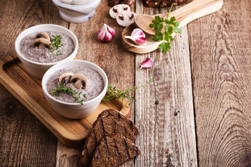 Hearty mushroom soup in ceramic bowl